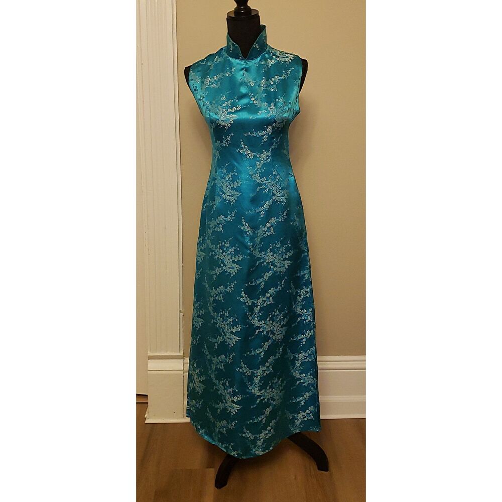 Vintage Turquoise Silk Cheongsam Dress | Cherry Blossom w/ Mandarin Collar